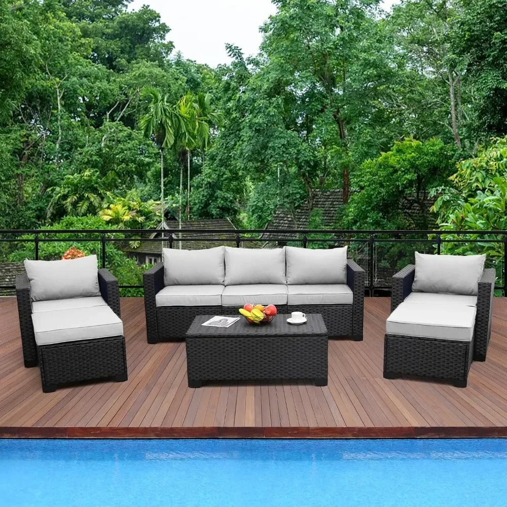 Patio Wicker Furniture Set 6 Pieces Outdoor HDPE Wicker Conversation Couch Sectional Chair Sofa Set with Cushions