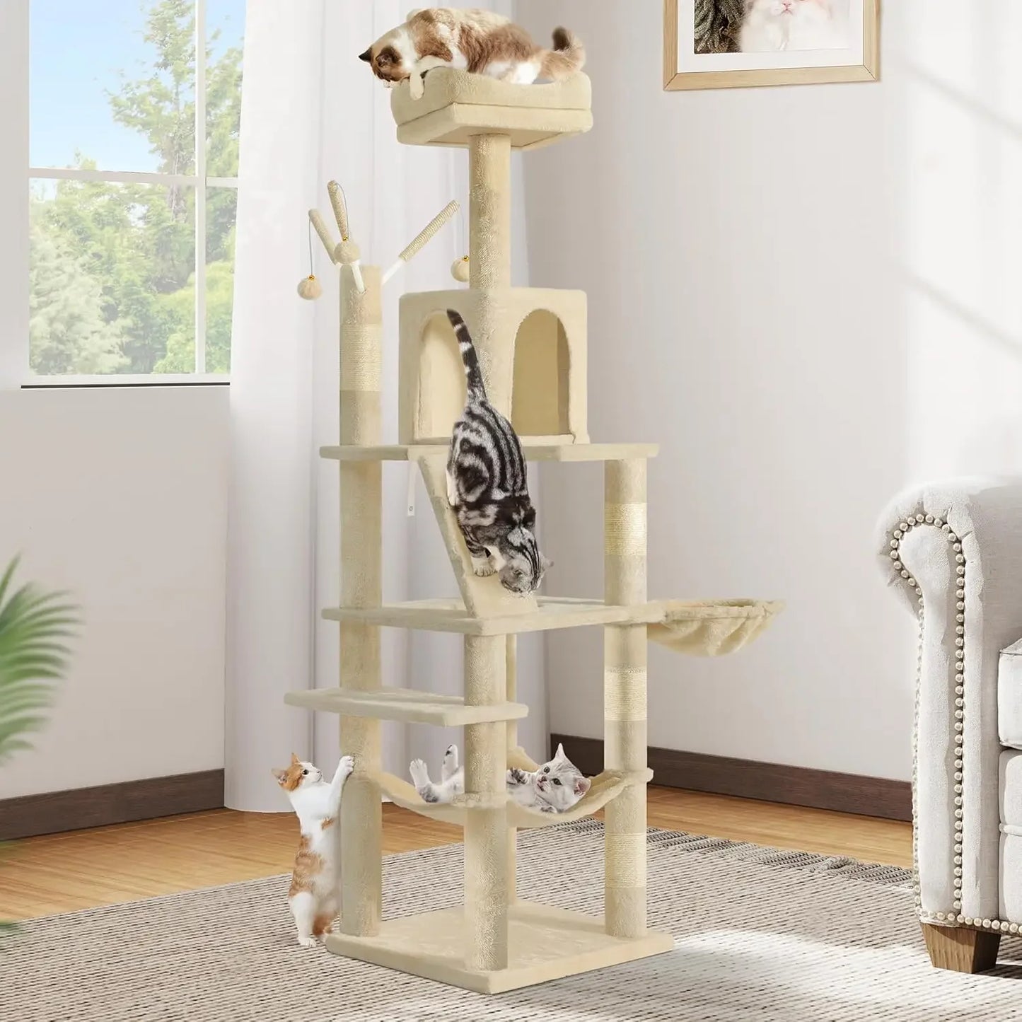 75-inch Indoor Cat Tree Tower, Multi-Level Pet Playground, Cat Furniture With Scratch Posts, Hideaway Condos, Soft Perch|