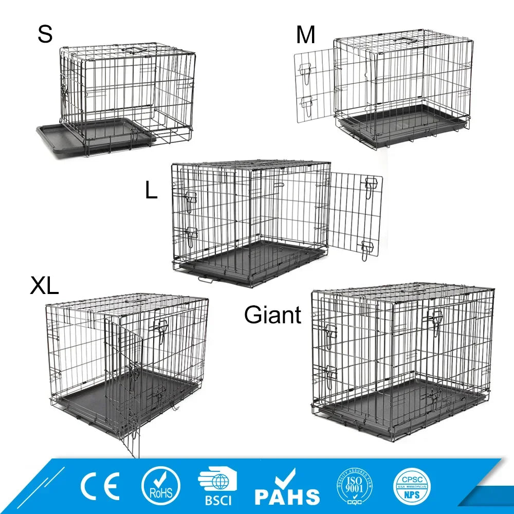 Double-Door Metal Foldable Large Heavy Duty Pet Dog Crate Portable Metal Iron Wire Folding Dog Cage Large Pet Kennels Dog House