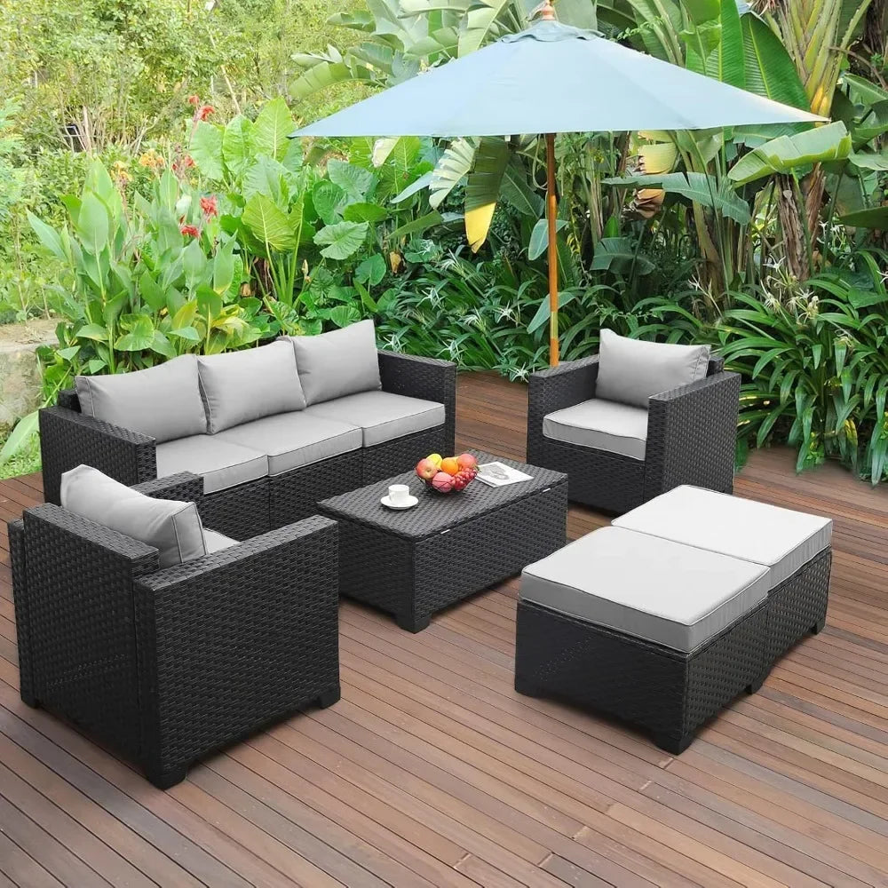 Patio Wicker Furniture Set 6 Pieces Outdoor HDPE Wicker Conversation Couch Sectional Chair Sofa Set with Cushions