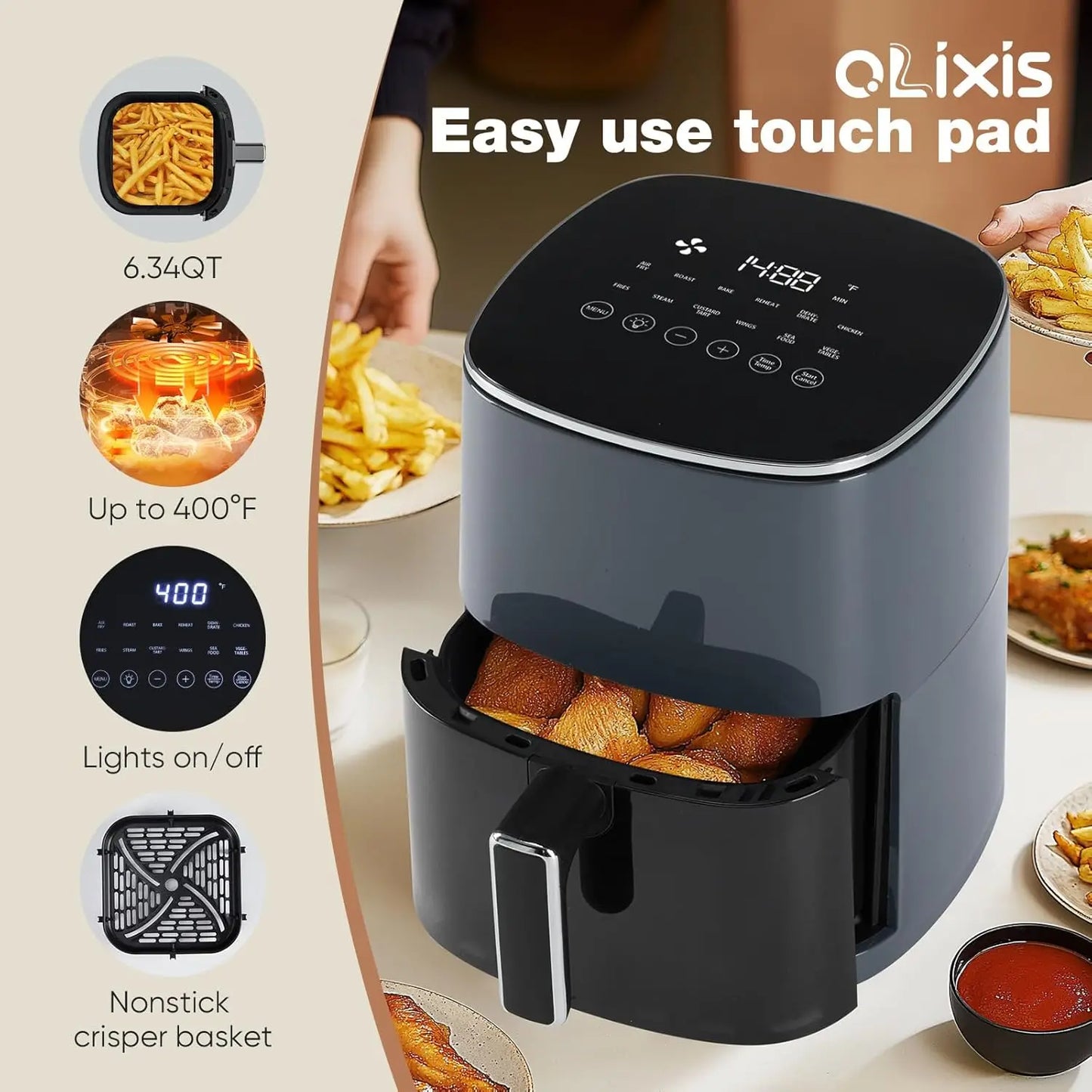 Air Fryer 6 Quart Capacity with Window Square Air Fryer 12-in-1 Air Fry, Roast, Reheat, Dehydrate, Bake, Steam with 400F