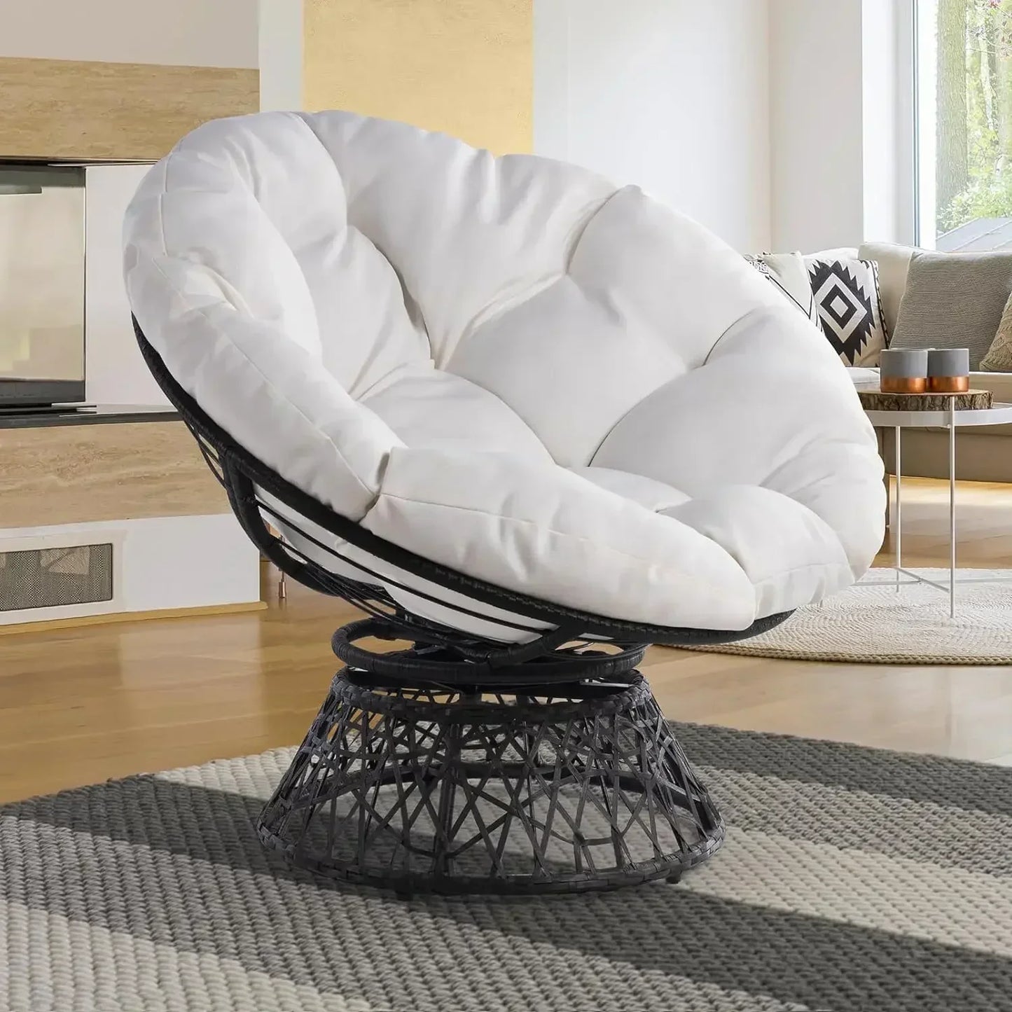 Ergonomic Wicker Papasan Chair with Soft Thick Density Fabric Cushion, High Capacity Steel Frame, 360 Degree Swivel, Room Chairs