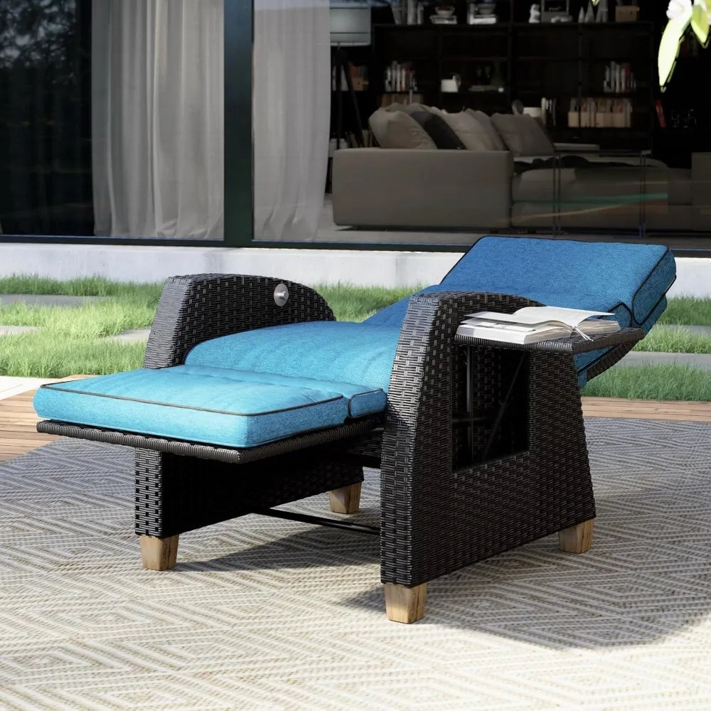 Garden Patio Outdoor Recliner Chair Patio 150° Lay Flat Recliner with Flip Table Wicker Reclining Lounge Chair, Sun Loungers