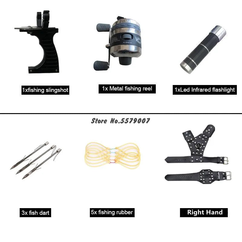 Big Power Fishing Set Slingshot Hunting Catapult Suit Outdoor Shooting Fishing Reel + Darts Protective Gloves Flashlight Tools