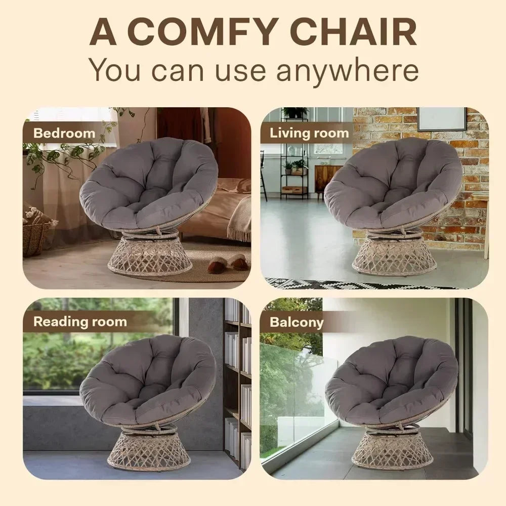Ergonomic Wicker Papasan Chair with Soft Thick Density Fabric Cushion, High Capacity Steel Frame, 360 Degree Swivel, Room Chairs