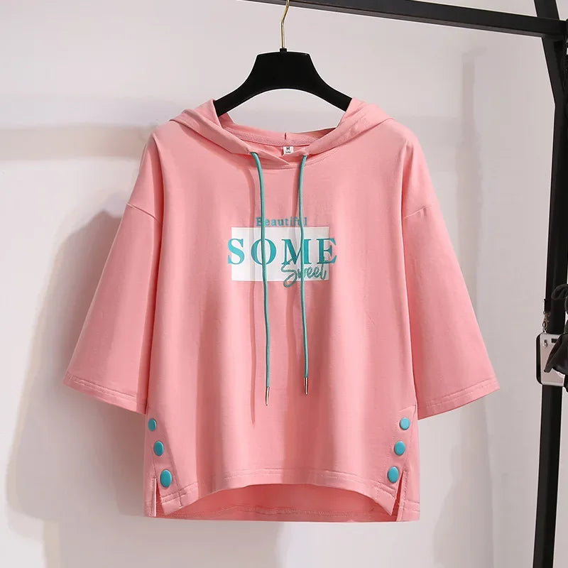 Summer 2023 new sun protection hooded short sleeve T-shirt schoolgirl clothes women's loose top women's clothing