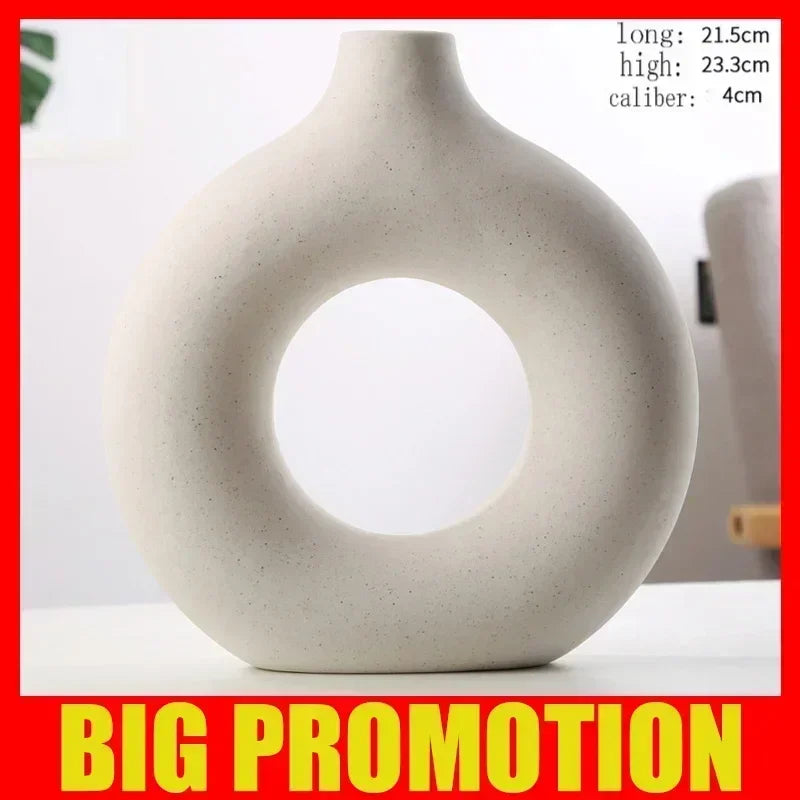 Nordic Vase Circular Hollow Ceramic Flower Vase for Home Living Room Decoration Accessories Interior Office Desktop Decor Gift