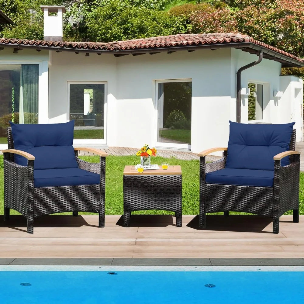 3-Piece Patio Furniture Set, Patiojoy Outdoor Rattan Sofa Set with Coffee Table, Patio Conversation Set with Removable Cushion