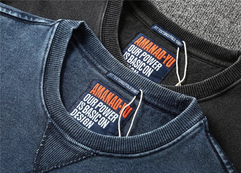 Autumn New American Retro Denim Knitted Sweatshirts Men's Simple 100% Cotton Heavy Washed Old Casual Youth Pullover Sportwear