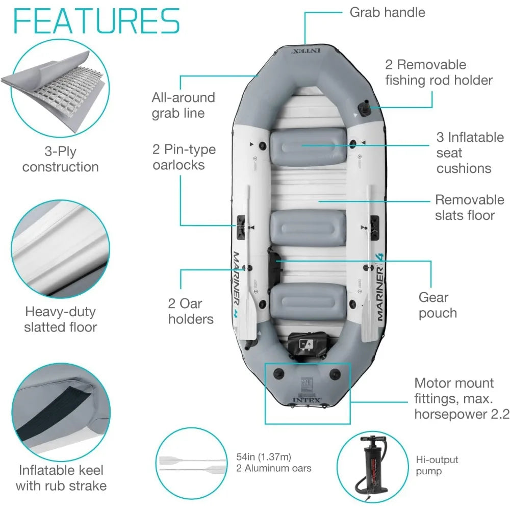 68376EP Mariner 4 Inflatable Boat Set: Includes Deluxe 54in Boat Oars and High-Output Pump Wear-Resistant Keel