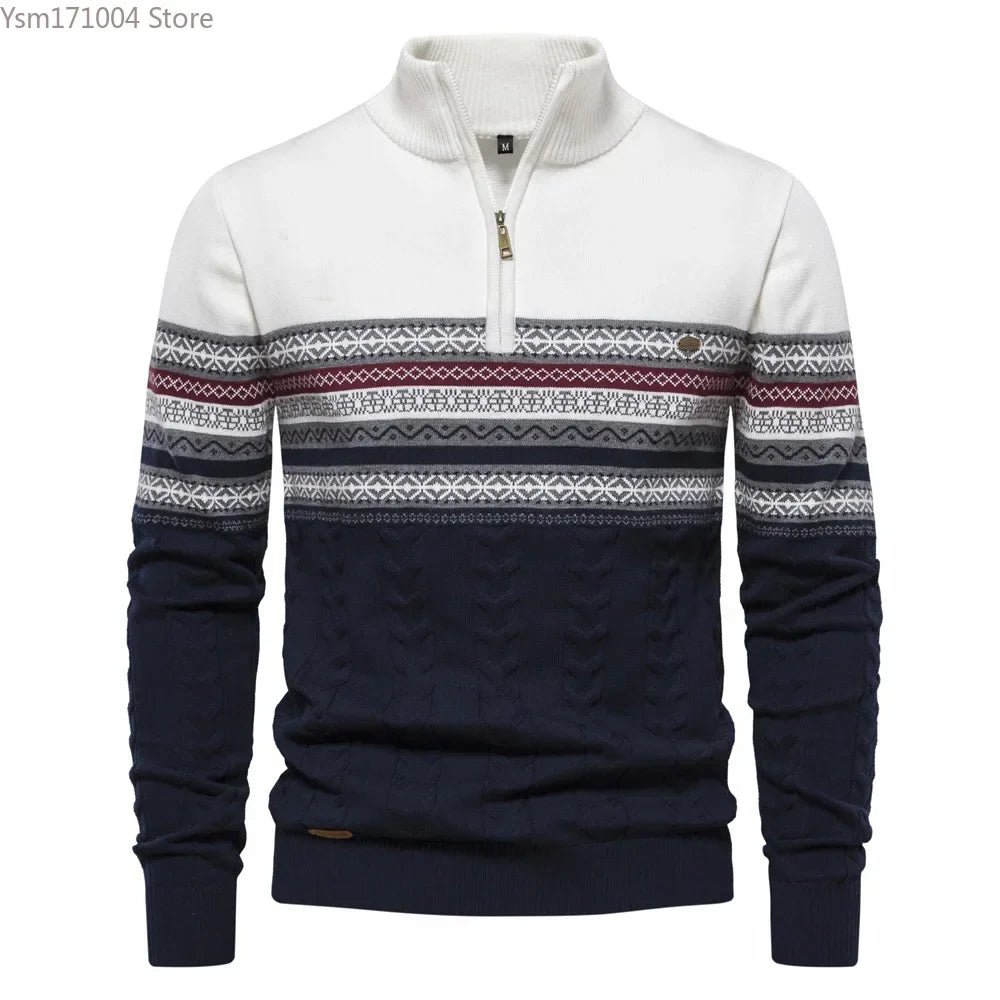 Men's Sweater Half High Neck High Elastic Tight and Warm Knitted Pullover Casual Fashion Street Striped Sweater Men Clothing