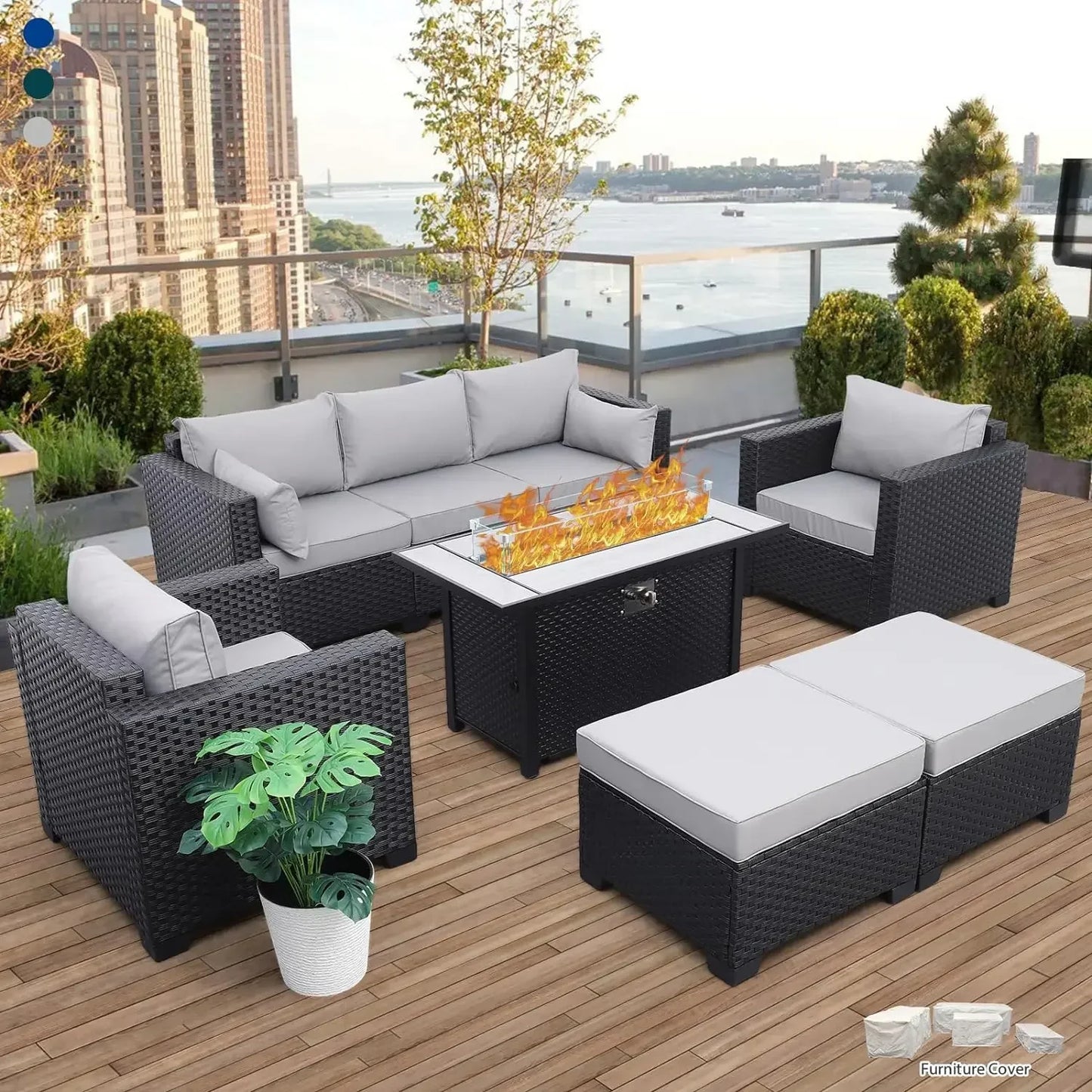 Patio Wicker Furniture Set 6 Pieces Outdoor HDPE Wicker Conversation Couch Sectional Chair Sofa Set with Cushions