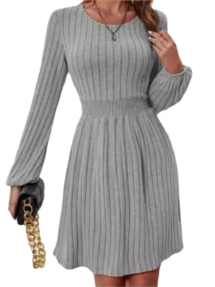 Spring Autumn Women's New Style Pit Bar Round Neck Fashionable Small Lantern Cuffs Pulling Back Waist A-line Medium Length Dress