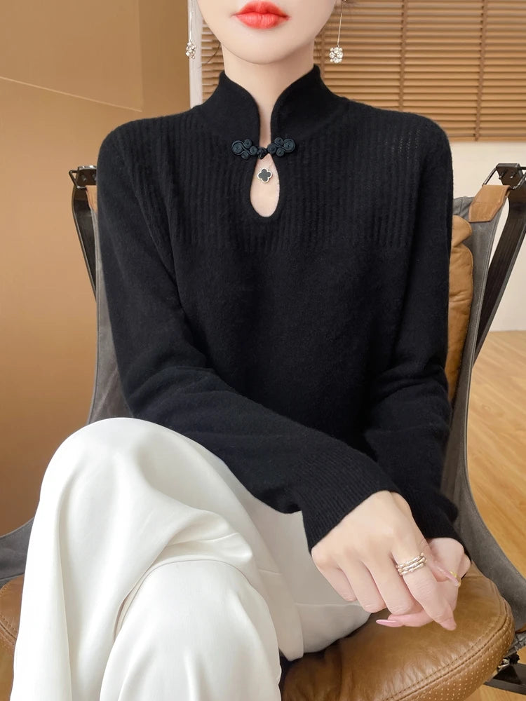 Women Merino Wool Sweater Mandarin Collar Pullover Chinese Style Cashmere Bottoming Knitwear Retro Long Sleeve Clothing Tops
