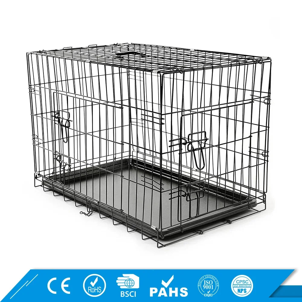 Double-Door Metal Foldable Large Heavy Duty Pet Dog Crate Portable Metal Iron Wire Folding Dog Cage Large Pet Kennels Dog House