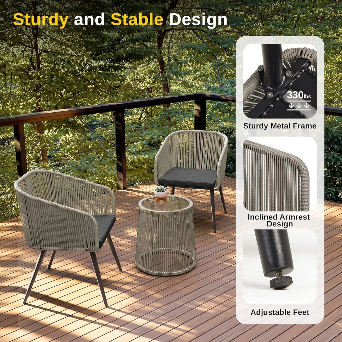 Patio Furniture Set, 3-Piece Outside Bistro Set Handwoven Rattan Wicker Chairs w/ Waterproof Cushions, Tempered Glass Table USA