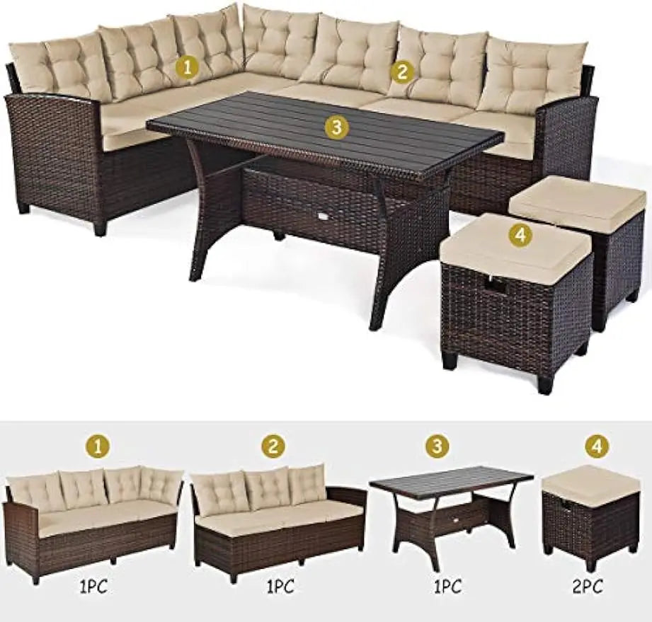 5 PCS Patio Furniture Set Outdoor Conversation Set with 6 Cushioned Seat 2 Ottomans Coffee Table All Weather Wicker Dining Table