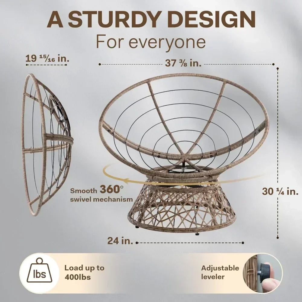 Ergonomic Wicker Papasan Chair with Soft Thick Density Fabric Cushion, High Capacity Steel Frame, 360 Degree Swivel, Room Chairs