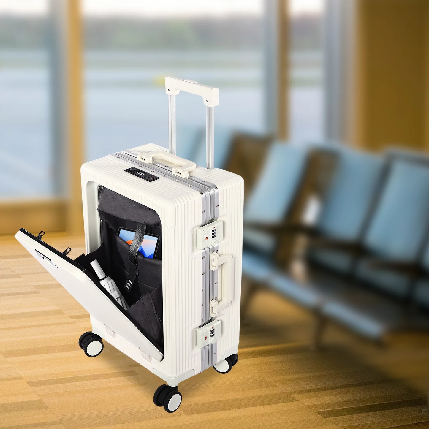 20" Front Open Boarding Suitcase Multifunctional Universal Wheel Suitcase Boarding box Rolling Luggage Bag with Cup holder