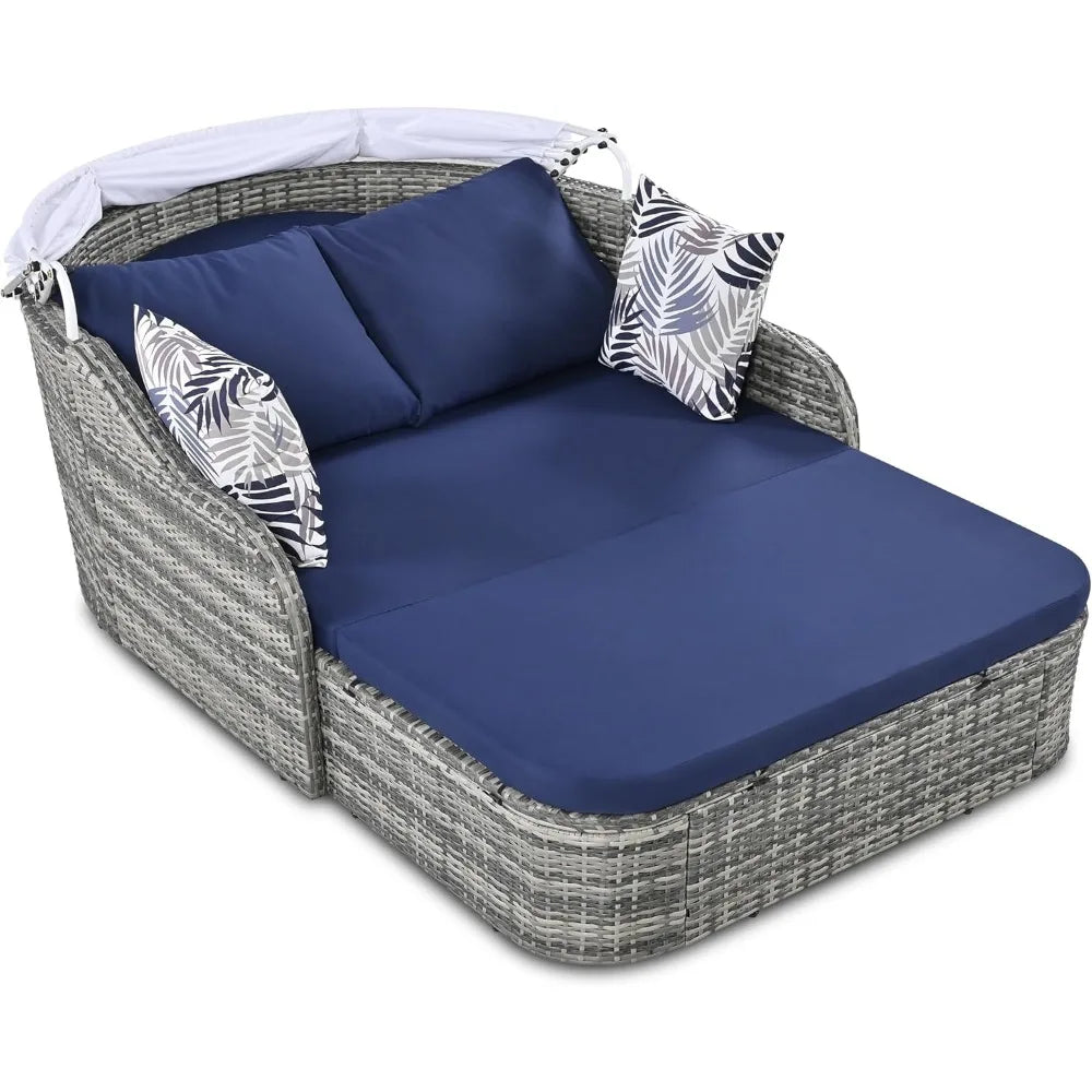 Outdoor Patio Sunbed Daybed with Adjustable Canopy,PE Wicker Rattan Daybed Double Chaise Lounger with Cushions