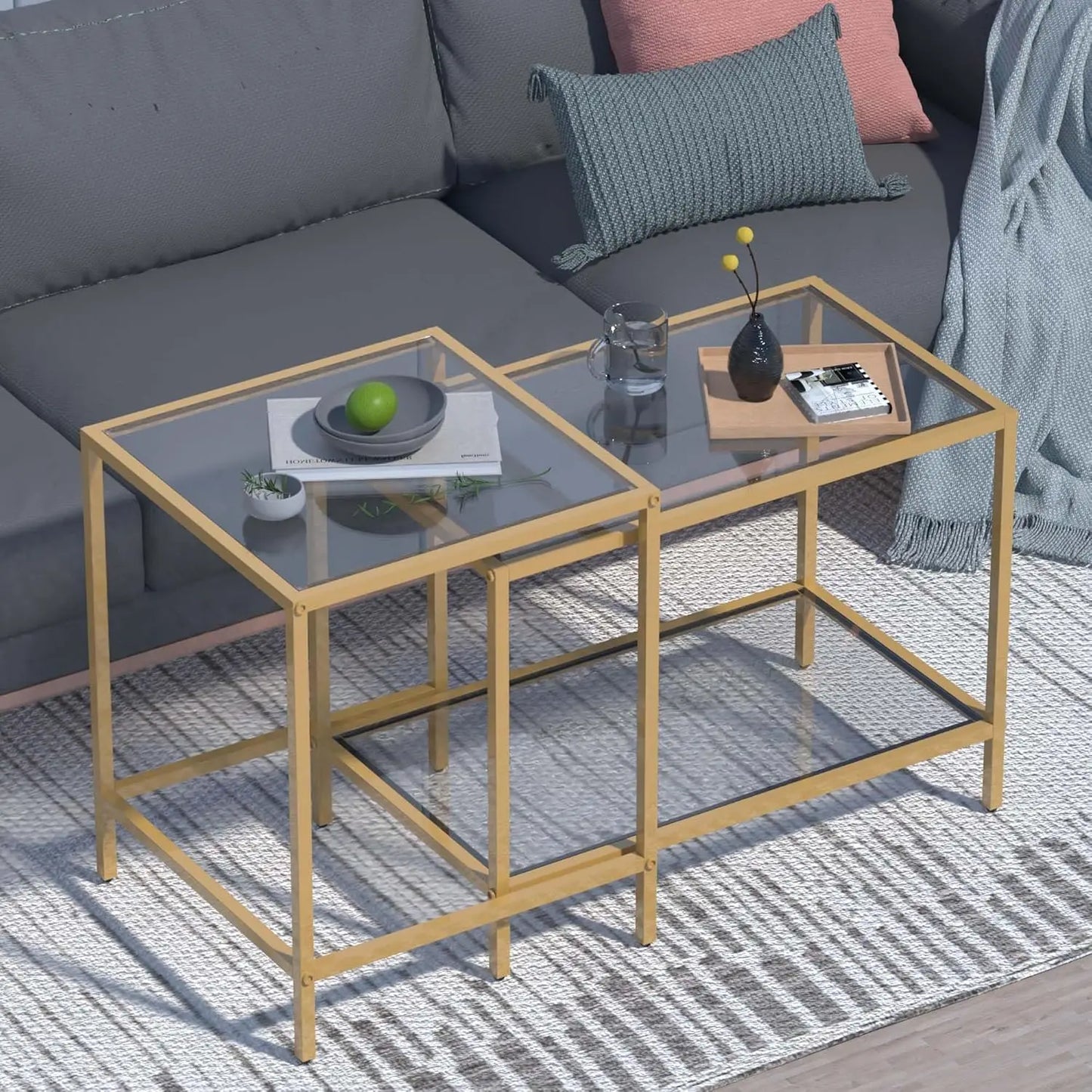 Nesting Coffee Table,Small Glass Coffee Table Set of 2, Modern Square Sofa Side Tea Table Black,Gold