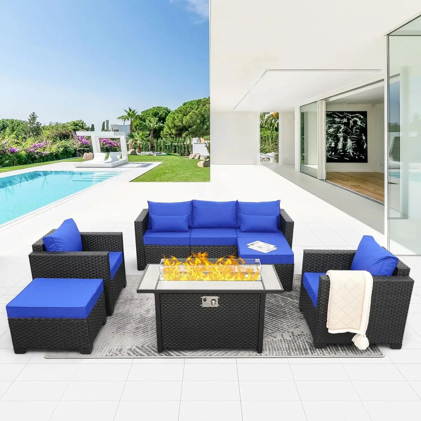 Patio Wicker Furniture Set 6 Pieces Outdoor HDPE Wicker Conversation Couch Sectional Chair Sofa Set with Cushions