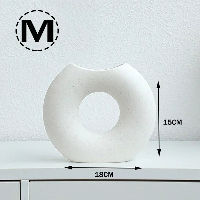 Nordic Vase Circular Hollow Ceramic Flower Vase for Home Living Room Decoration Accessories Interior Office Desktop Decor Gift