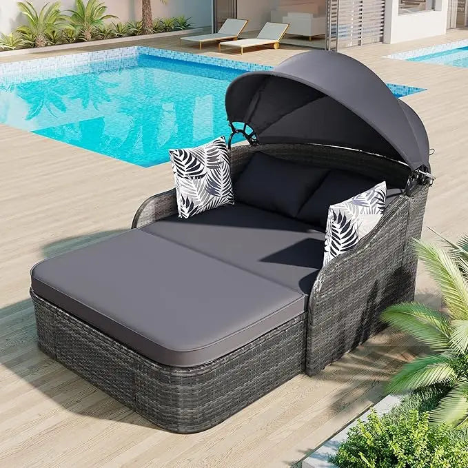 Outdoor Patio Sunbed Daybed with Adjustable Canopy,PE Wicker Rattan Daybed Double Chaise Lounger with Cushions