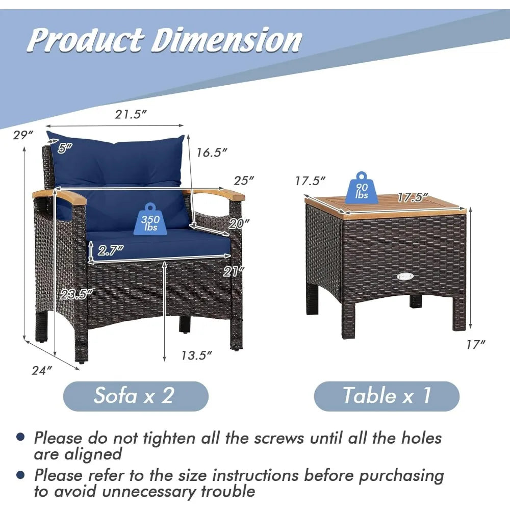 3-Piece Patio Furniture Set, Patiojoy Outdoor Rattan Sofa Set with Coffee Table, Patio Conversation Set with Removable Cushion