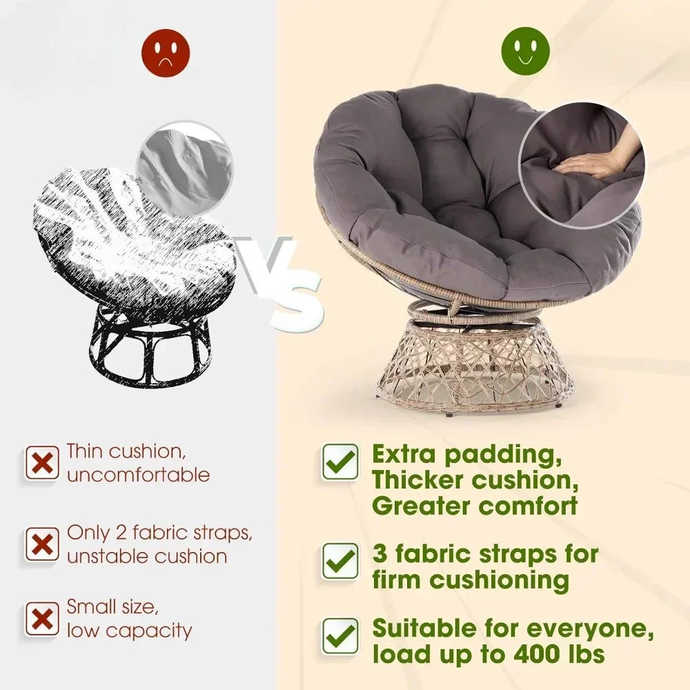Ergonomic Wicker Papasan Chair with Soft Thick Density Fabric Cushion, High Capacity Steel Frame, 360 Degree Swivel, Room Chairs