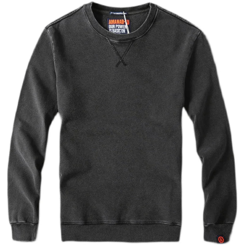 Autumn New American Retro Denim Knitted Sweatshirts Men's Simple 100% Cotton Heavy Washed Old Casual Youth Pullover Sportwear