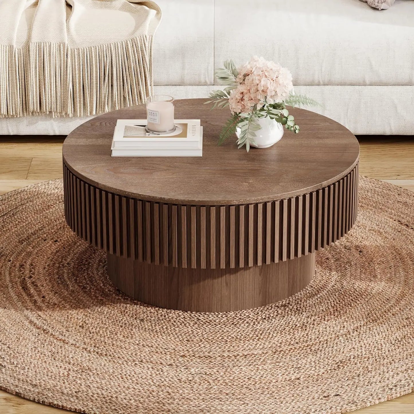 Round Coffee Table with Storage, 31.5" Modern Solid Wood Veneered Drum Coffee Table Circle Wood Table Side Table