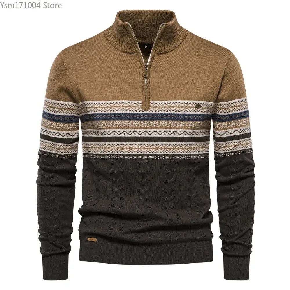 Men's Sweater Half High Neck High Elastic Tight and Warm Knitted Pullover Casual Fashion Street Striped Sweater Men Clothing