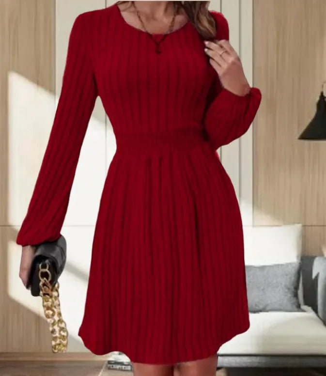 Spring Autumn Women's New Style Pit Bar Round Neck Fashionable Small Lantern Cuffs Pulling Back Waist A-line Medium Length Dress