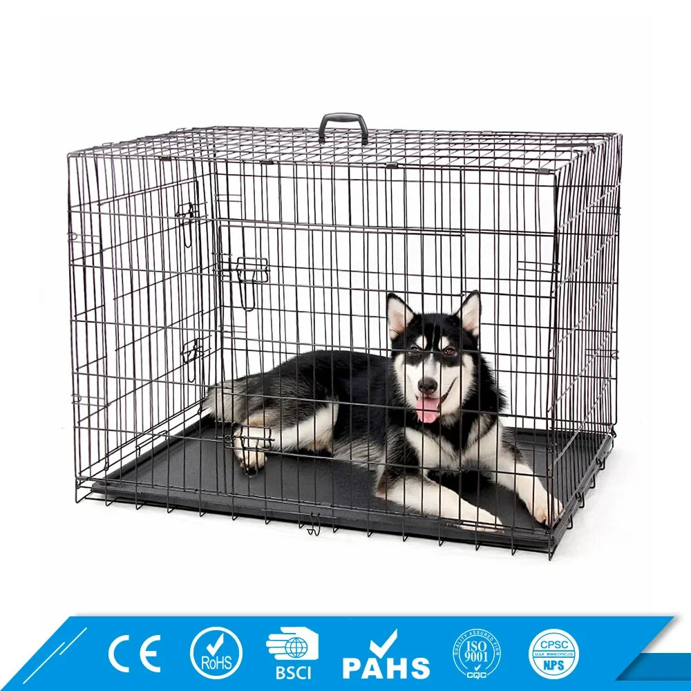 Double-Door Metal Foldable Large Heavy Duty Pet Dog Crate Portable Metal Iron Wire Folding Dog Cage Large Pet Kennels Dog House