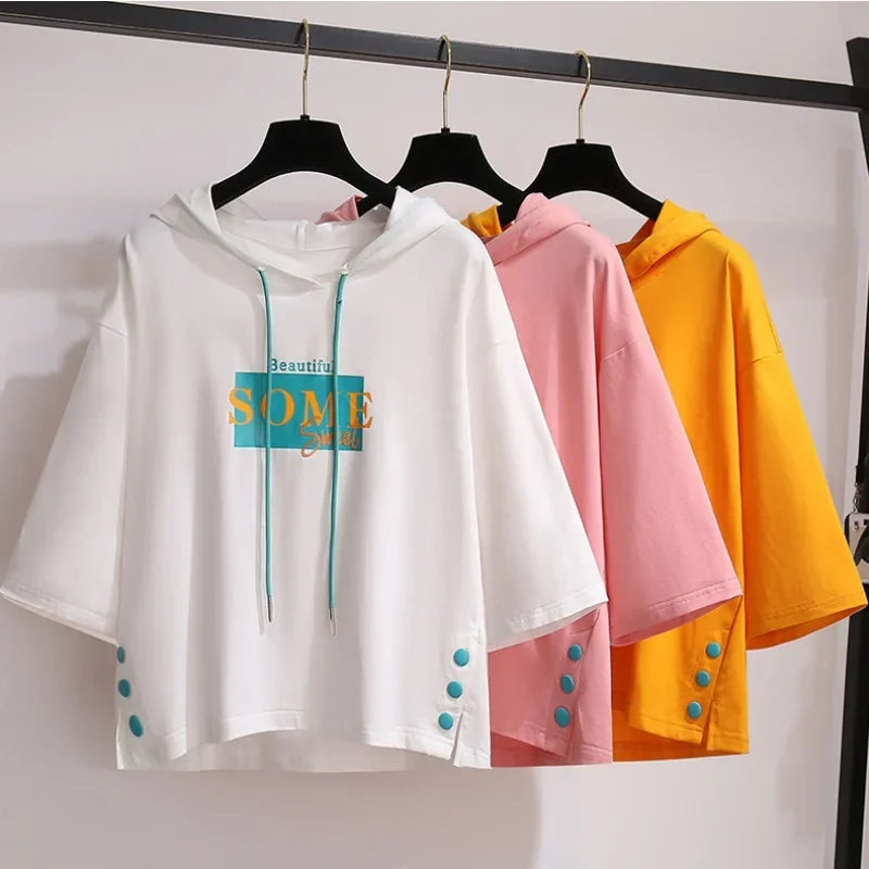 Summer 2023 new sun protection hooded short sleeve T-shirt schoolgirl clothes women's loose top women's clothing