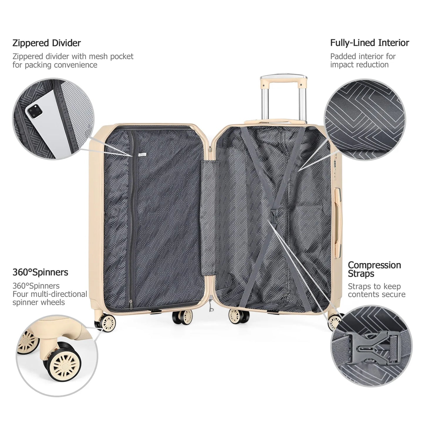 ABS material trolley box set of 3 pieces, ergonomically designed retractable handle for finger protection, smooth zipper luggage