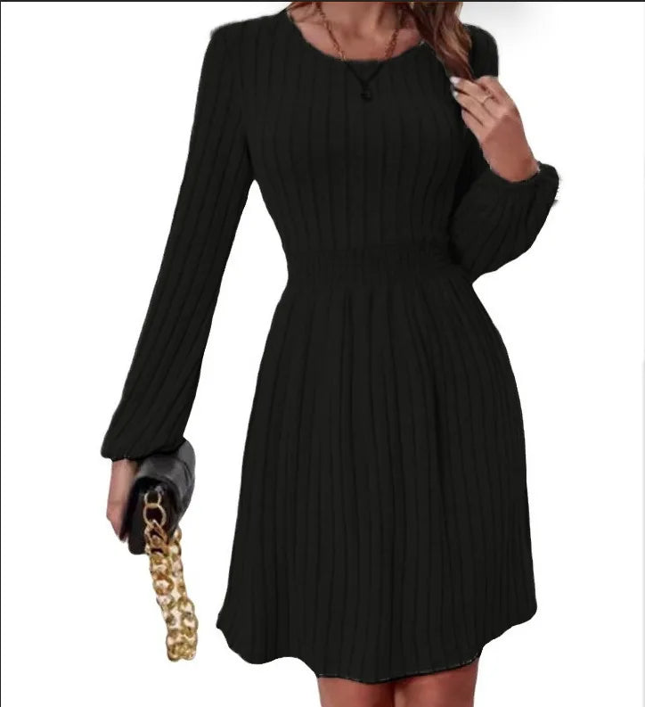 Spring Autumn Women's New Style Pit Bar Round Neck Fashionable Small Lantern Cuffs Pulling Back Waist A-line Medium Length Dress