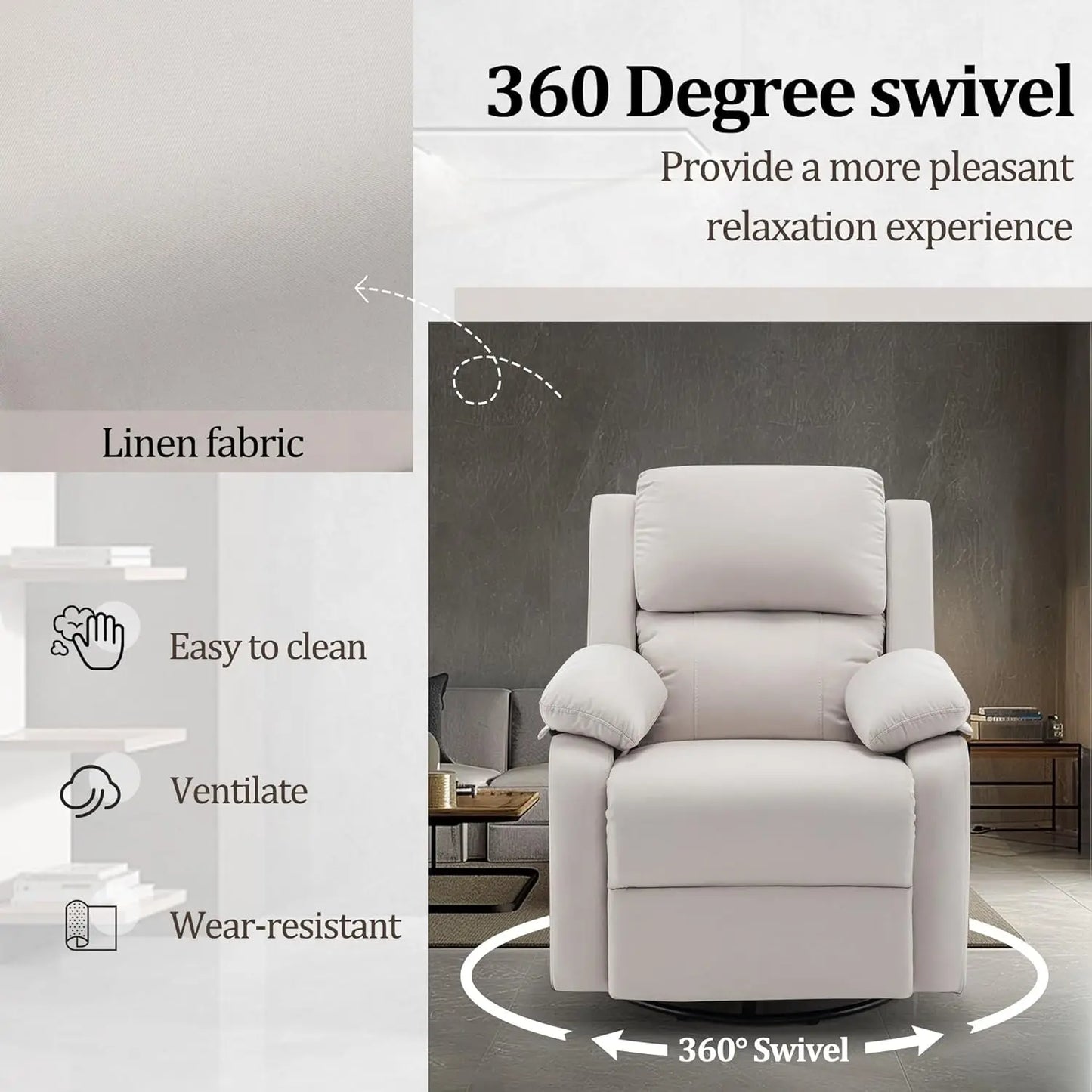 Recliner Chair, 360 Swivel Rocker Chair for Adults, Small Rocking Recliner Chair for Small Spaces, Upholstered Fabric Glider