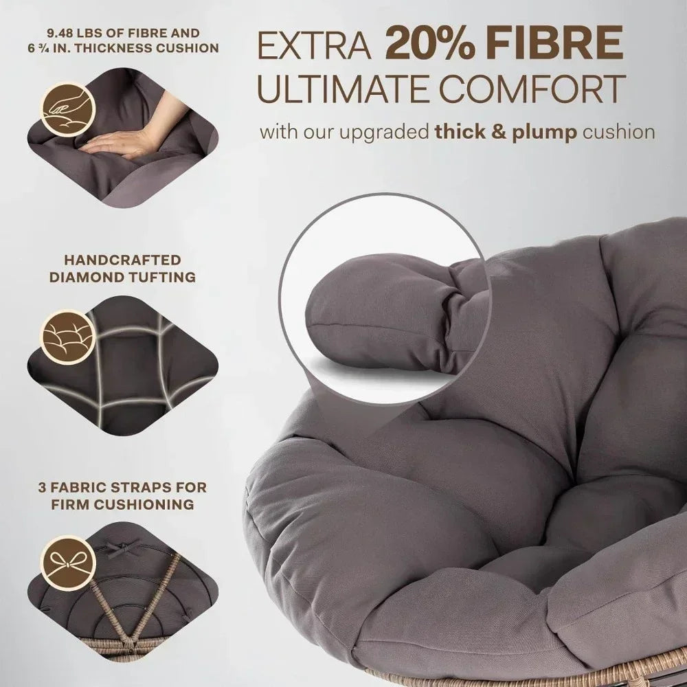Ergonomic Wicker Papasan Chair with Soft Thick Density Fabric Cushion, High Capacity Steel Frame, 360 Degree Swivel, Room Chairs