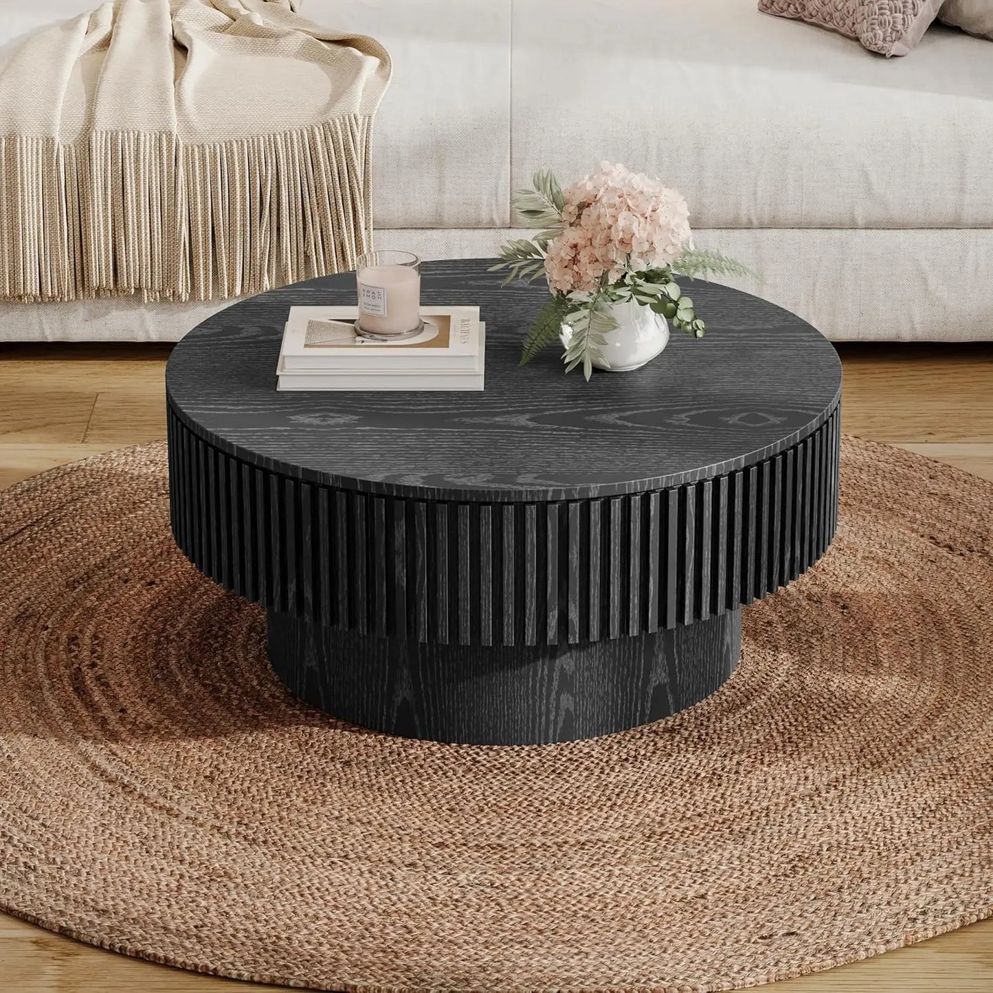 Round Coffee Table with Storage, 31.5" Modern Solid Wood Veneered Drum Coffee Table Circle Wood Table Side Table