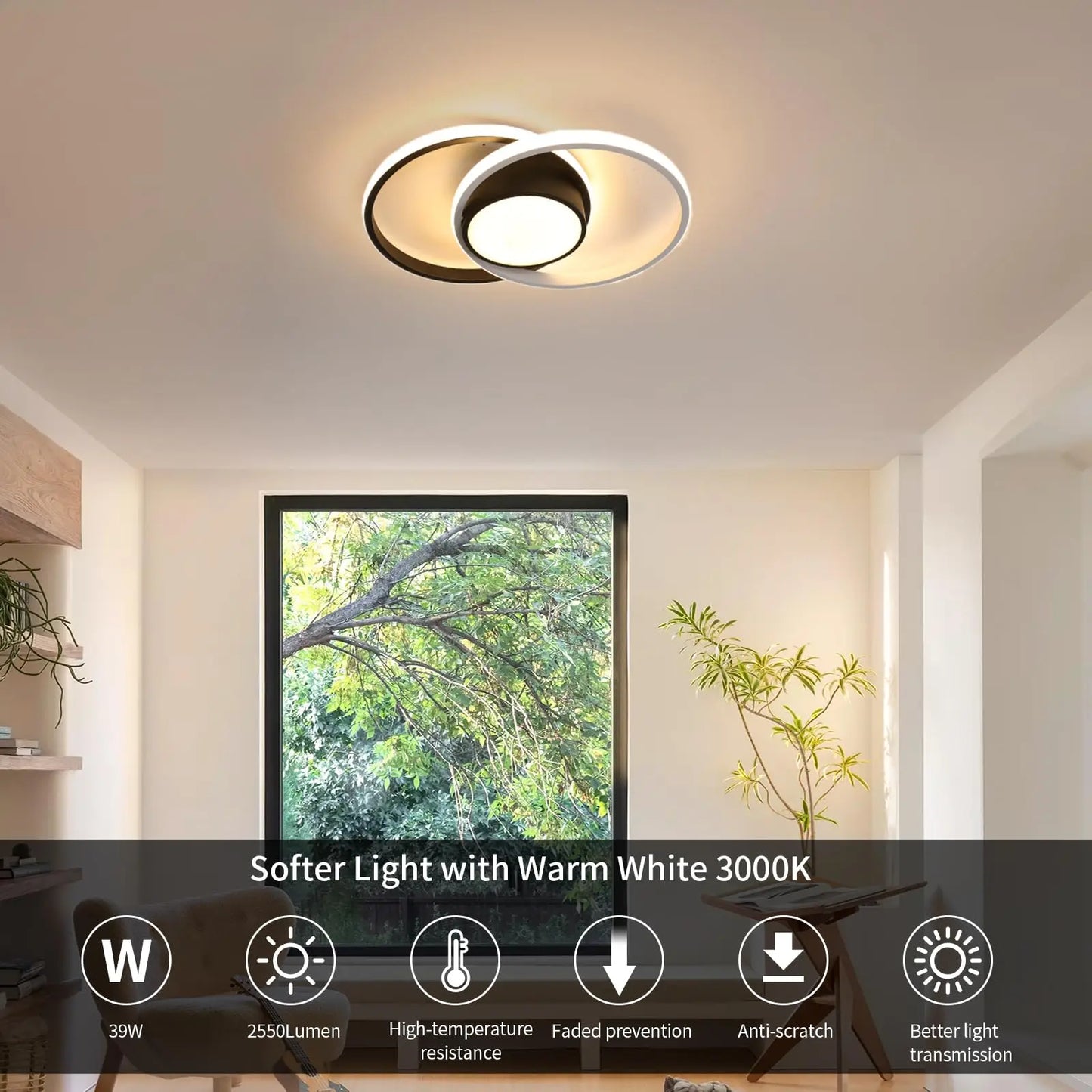 Modern Ceiling Light, 39W LED Flush Mount Ceiling Light Fixture, 15.7" 3000K Round Close to Ceiling Lighting for Bedroom Hallway