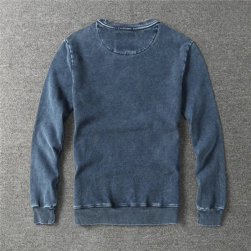Autumn New American Retro Denim Knitted Sweatshirts Men's Simple 100% Cotton Heavy Washed Old Casual Youth Pullover Sportwear