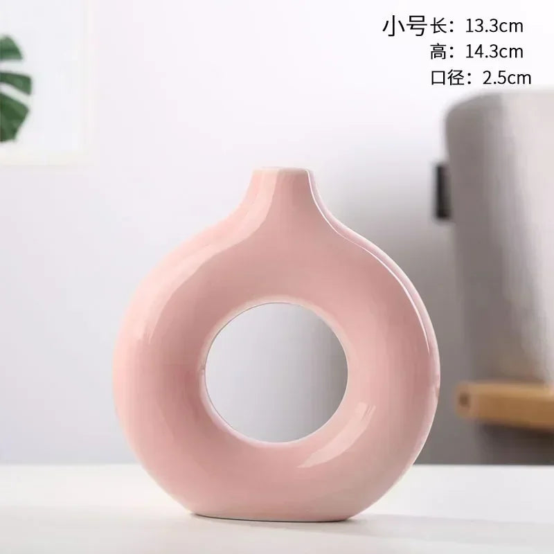 Nordic Vase Circular Hollow Ceramic Flower Vase for Home Living Room Decoration Accessories Interior Office Desktop Decor Gift