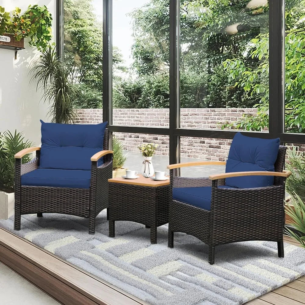 3-Piece Patio Furniture Set, Patiojoy Outdoor Rattan Sofa Set with Coffee Table, Patio Conversation Set with Removable Cushion