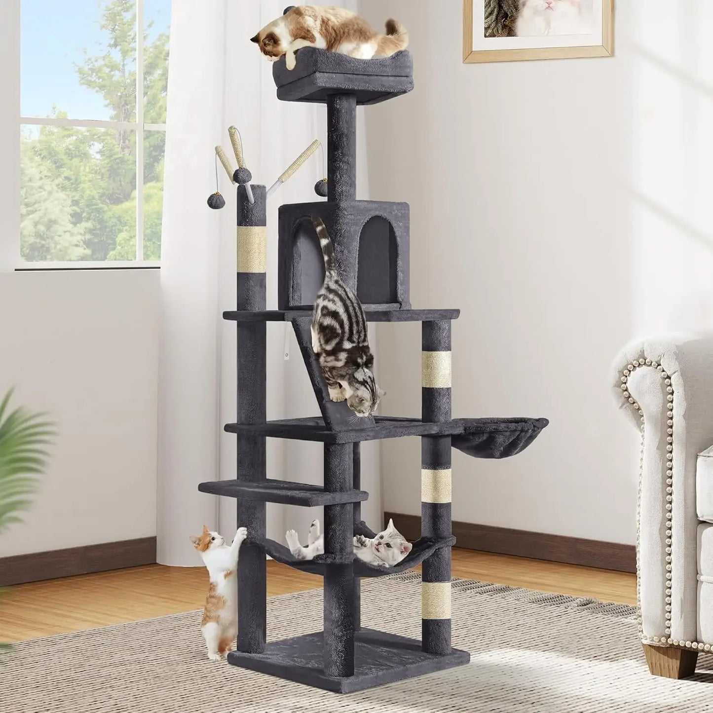 75-inch Indoor Cat Tree Tower, Multi-Level Pet Playground, Cat Furniture With Scratch Posts, Hideaway Condos, Soft Perch|