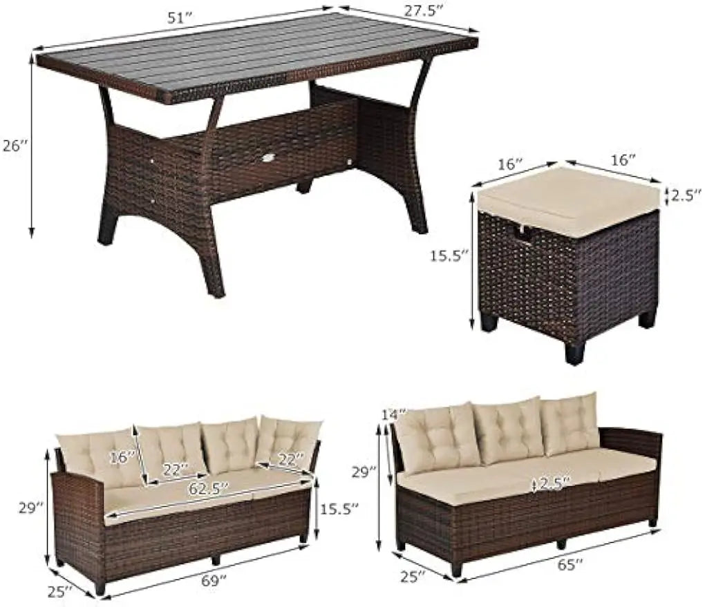 5 PCS Patio Furniture Set Outdoor Conversation Set with 6 Cushioned Seat 2 Ottomans Coffee Table All Weather Wicker Dining Table