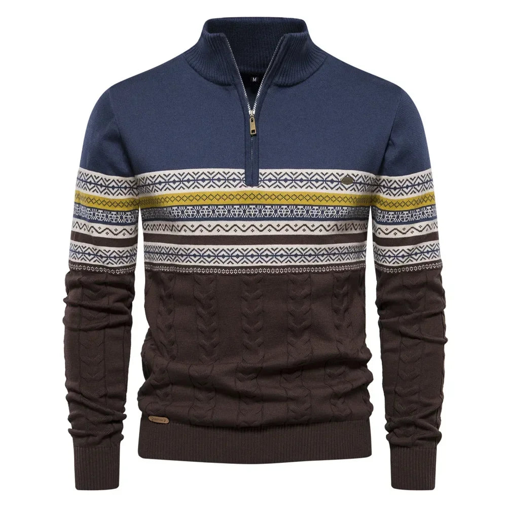 Men's Sweater Half High Neck High Elastic Tight and Warm Knitted Pullover Casual Fashion Street Striped Sweater Men Clothing
