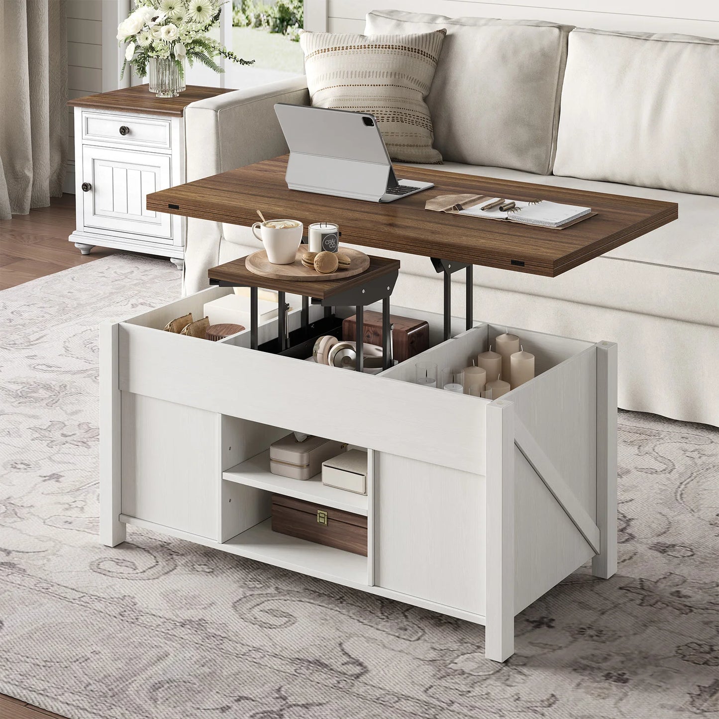 Farmhouse Lift Top Coffee Table with Sliding Barn Door,Rustic Center Table with Hidden Storage Compartment,Storage Coffee Table