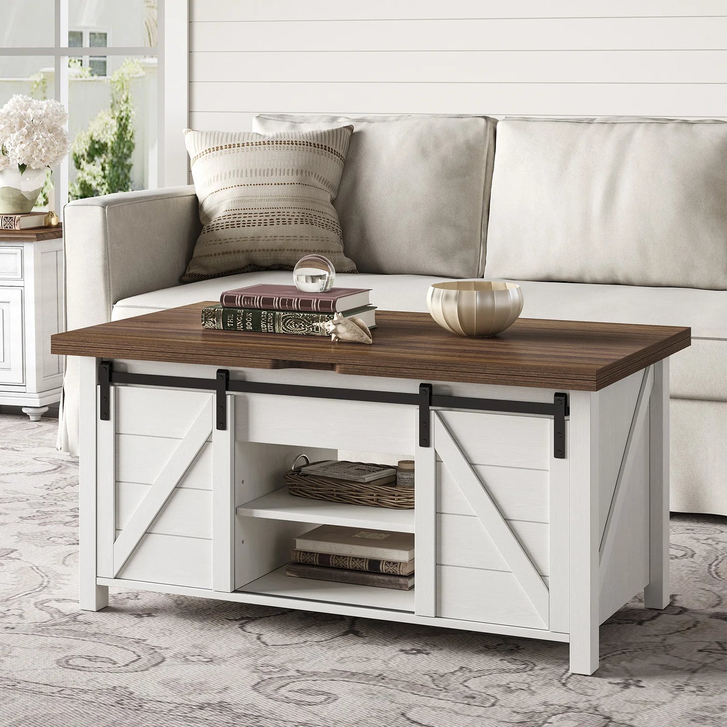 Farmhouse Lift Top Coffee Table with Sliding Barn Door,Rustic Center Table with Hidden Storage Compartment,Storage Coffee Table
